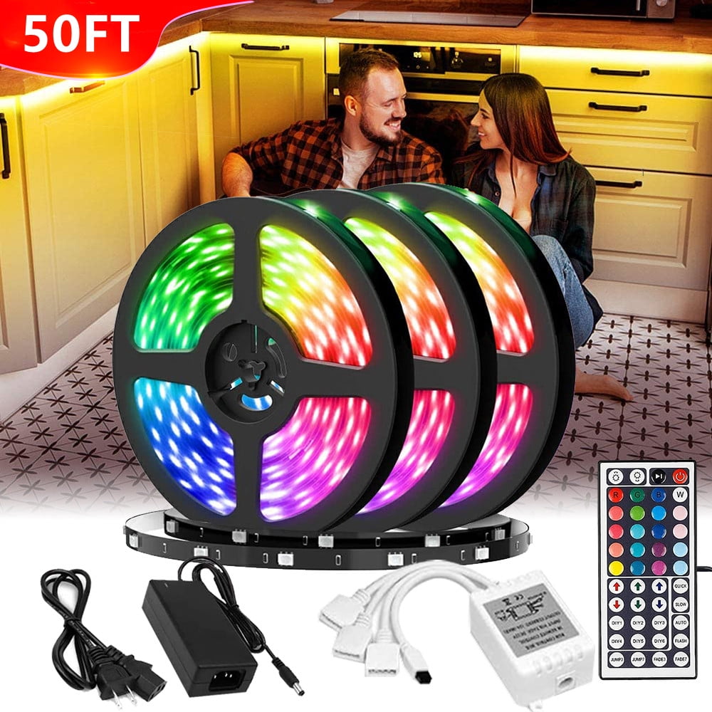 50ft RGB LED Strip Lights Kit, 15M Flexible Color Changing LED Light Strips with DC12V Power Supply 44Key IR Remote Controller, Decor for Bedroom,Party,Bar ,Kitchen