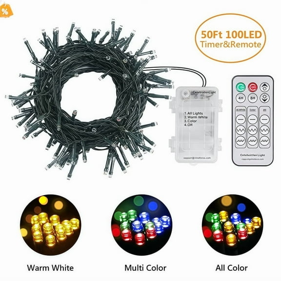 50ft Remote Control Christmas Tree Lights, 100 LED Battery Operated String Lights with Timer, 9 Modes & 3 Colors