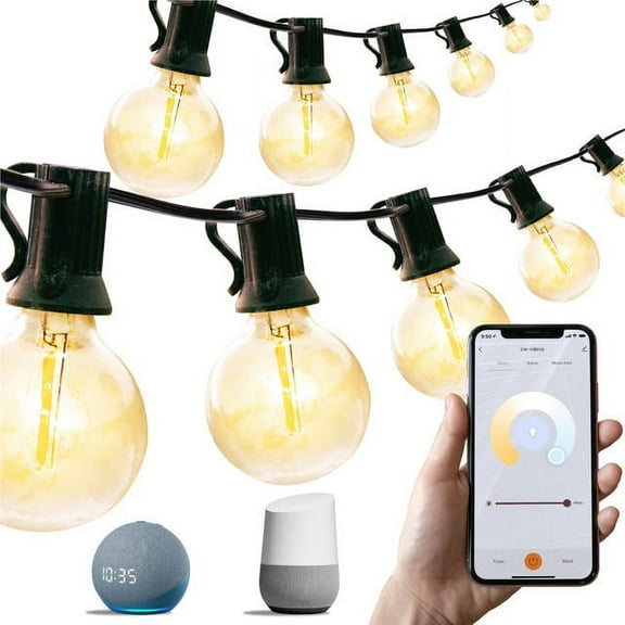 Open Box 50ft. Smart LED Outdoor String Lights, Smart Life App, Works with Alexa, Google Assistant, IFTTT, Dimmable Outdoor Patio Accessories Sync to Music Lights