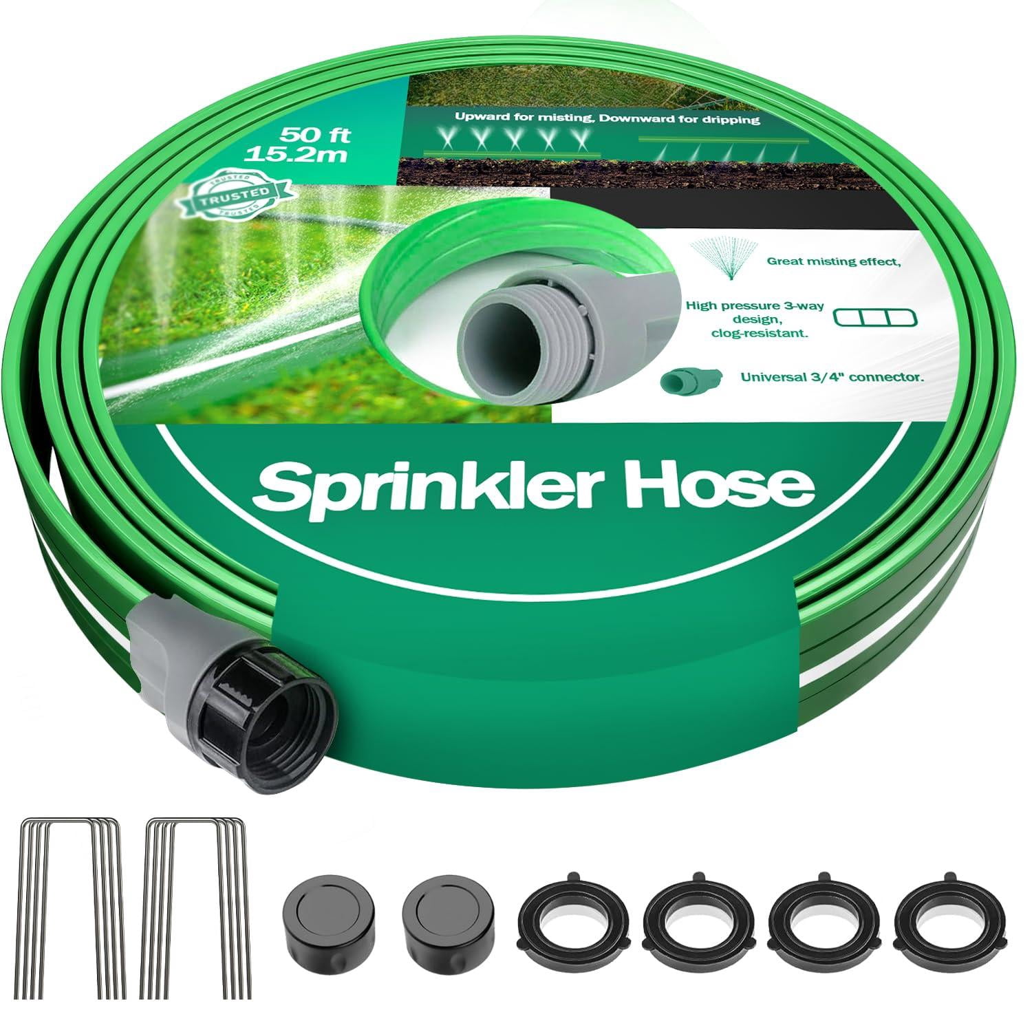 50ft Sprinkler Hoses For Lawn  Three-tube Flat Hose With Holes Heavy Duty Soaker Garden U-shaped Stakes Flexible Irrigation Yard