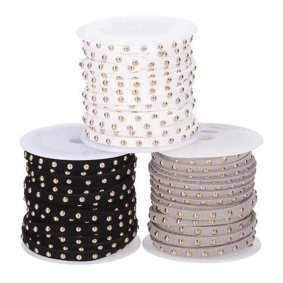 50ft Studded Faux Suede Cord Rope for Jewelry Making 3 Pack Each 5 Meter 5mm Micro Fibre Flat Leather Lace Beading String Ribbon with Gold Rivets, Black/White/Grey