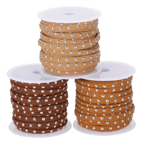 50ft Studded Faux Suede Cord Rope for Jewelry Making 3Pcs Each 5 Meter 5mm Micro Fibre Flat Leather Lace Beading String Ribbon with Silver Rivets Light Brown/Brown/Dark Brown