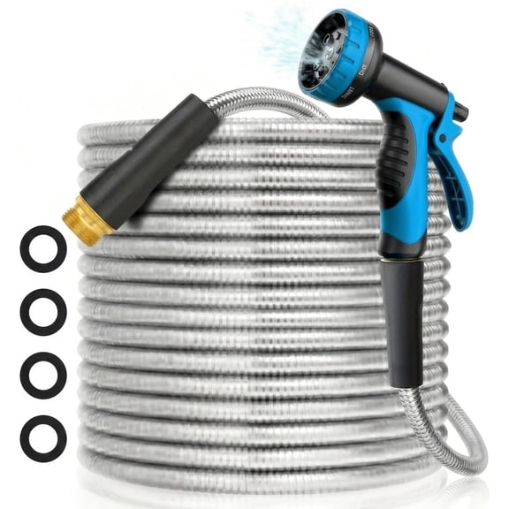 50ft Water Hose, Non Kinking Stainless Steel Hose, Kink Free Flexible 50 Foot Metal Hose for Outside Yard Backyard Lawn, Burst Proof with 10-Pattern Nozzle
