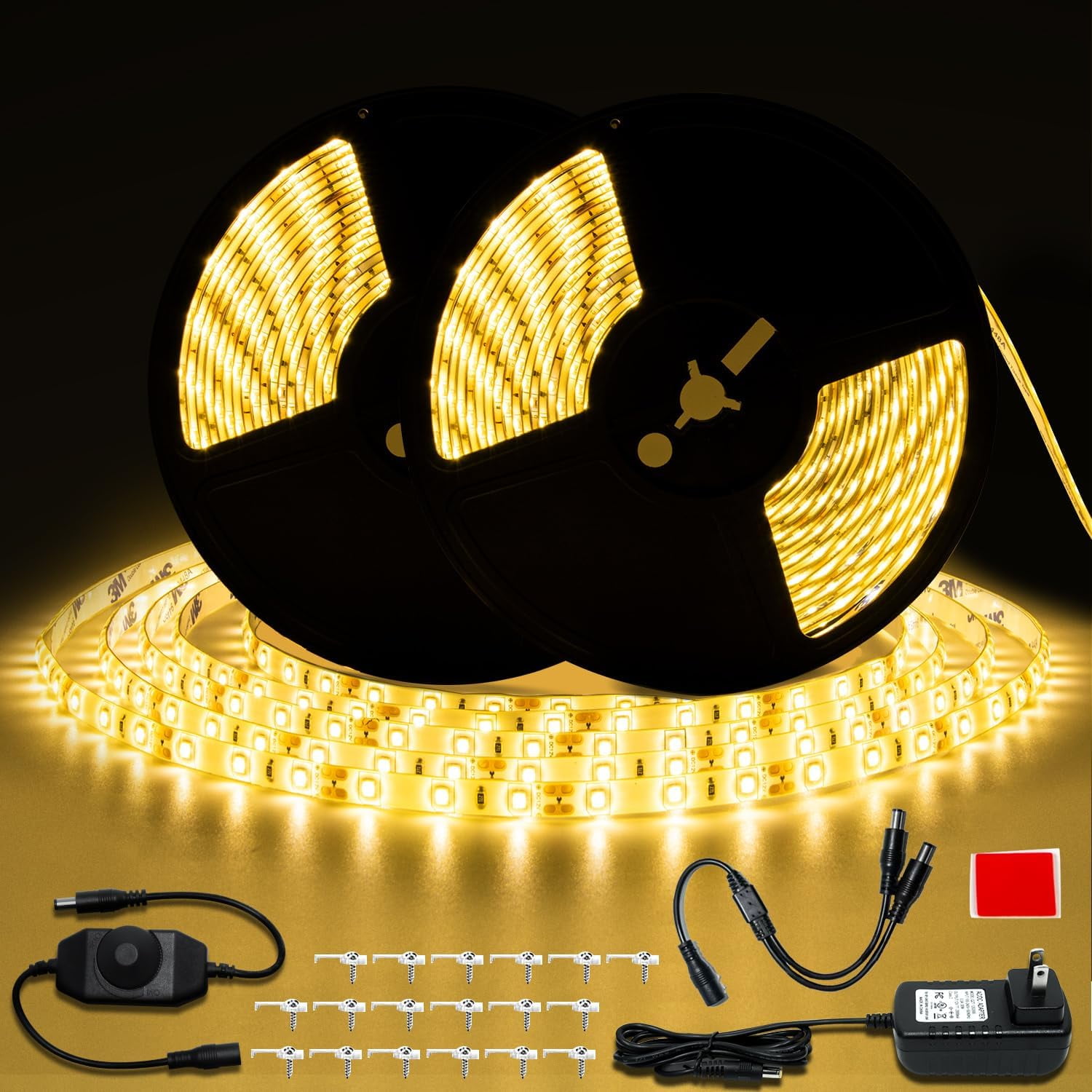 GUOTONG 50ft Waterproof LED Strip Lights - 6000K Daylight White, IP44, 12V With Adapter & Dimmer
