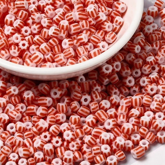 50g 6/0 Opaque Colours Seep Glass Seed Beads Round Hole Round with Stripe Pattern Tomato 3~4.5x3~4.5mm Hole: 1.2~1.5mm