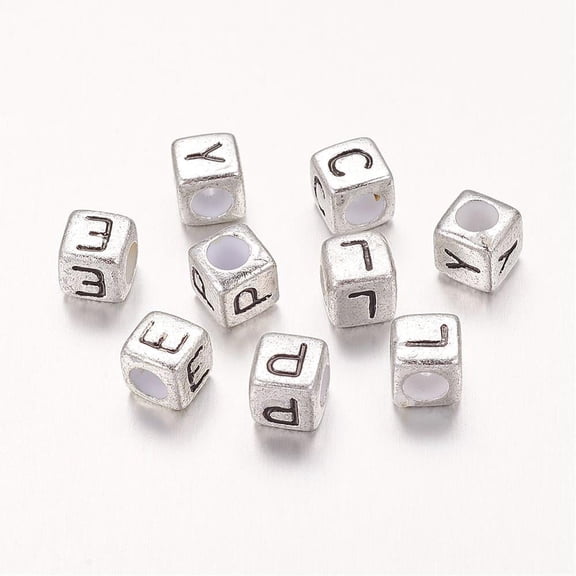 50g 6MM Silver Mixed Letters Cube Acrylic Beads Horizontal Hole about 6mm in diameter hole: 3mm about 260pcs/50g
