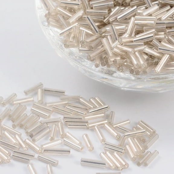 50g Glass Bugle Beads Silver Lined Floral White 6~8x1.8mm Hole: 0.6mm 1250pcs/50g