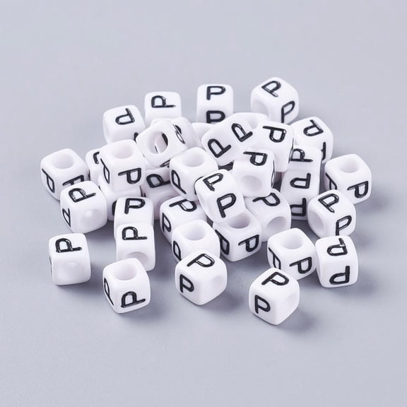 50g Letter P White Cube Letter Acrylic Beads for Name Jewelry Making Horizontal Hole Size: about 6mm wide 6mm long 6mm high hole: about 3.2mm about 300pcs/50g