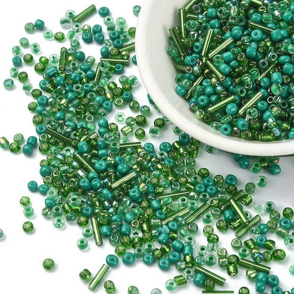 50g Opaque & Transparent Inside Colours Glass Seed Beads Round Hole Round & Tube Green 2~3x1.5~9mm Hole: 0.8~1mm