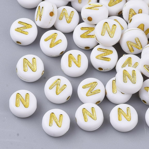 50g Plating Acrylic Beads Golden Metal Enlaced Horizontal Hole Flat Round with Alphabet White Letter.N 7x3.5mm Hole: 1.2mm 360pcs/50g