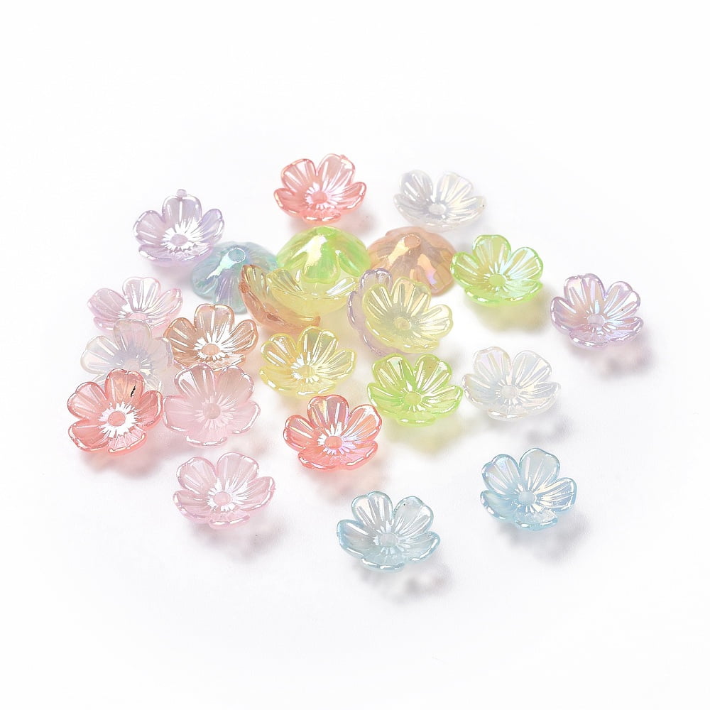50g Transparent Acrylic Beads Caps 5-Petal Flower AB Color Mixed Color 10.5x10.5x4mm Hole: 1.6mm 416pcs/50g