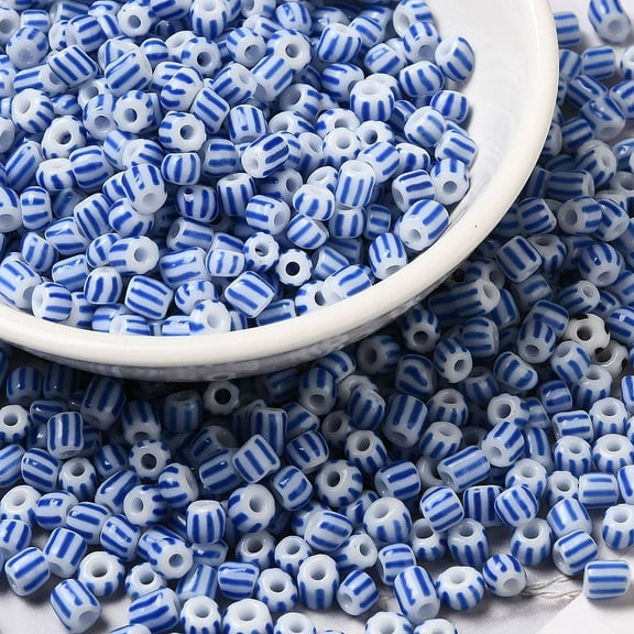 50gs 6/0 Opaque Colours Seep Glass Seed Beads Round Hole Round with Stripe Pattern Blue 3~4.5x3~4.5mm Hole: 1.2~1.5mm