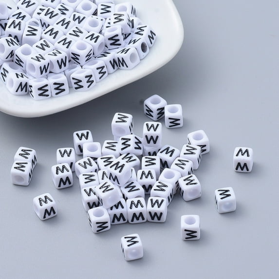 50gs Letter W White Letter Acrylic Cube Beads Horizontal Hole Size: about 6mm wide 6mm long 6mm high hole: 3.2mm about 300pcs/50g