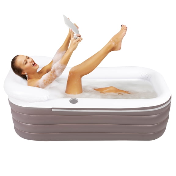 50in 4-Layer Foldable Inflatable Bathtub, Portable Standing SPA Tub with Electric Pump, Hot Ice Bath Adult Bathtub Max 220Lbs Pink