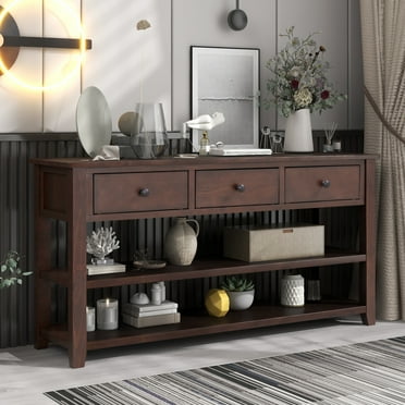 50in Console Table with 3 Storage Drawers and Double Bottom Open Shelves, Retro and Modern Design Long Sofa Table, 220lbs Weight Capacity (Espresso)