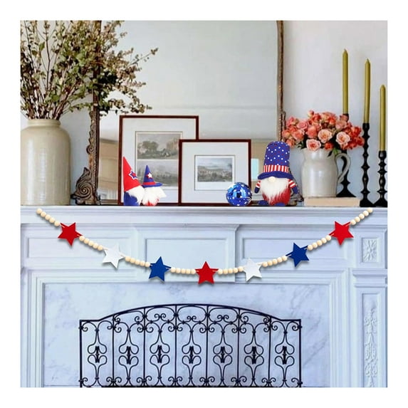 50inch Patriotic Wooden Beads Garland with Star-Shaped Charms, Red White Blue American Flag Colors Beaded Decor