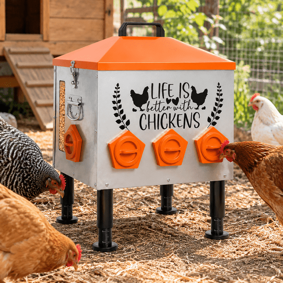 50lb Large Metal Chicken Feeder with Feed Level Window, Orange
