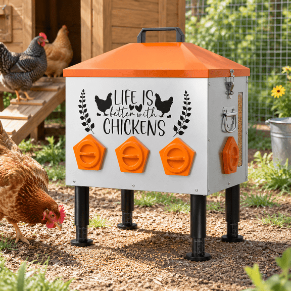 50lb Orange Metal Chicken Feeder with Feed Level Window for Backyard Flocks