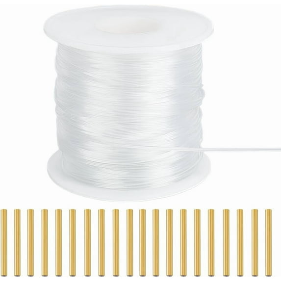 50m/54.7 Yards 1.2mm Nylon Memory Wire Nylon Memory Brim Line Plated Memory Wire with 20pcs Brass Crimp Tube Beads Bustle Nylon Memory Brim Line for Shaping Millinery Hat Brims