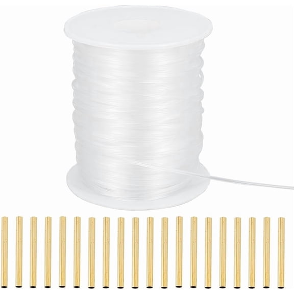50m/54.7 Yards 1.5mm Nylon Memory Wire Nylon Memory Brim Line Plated Memory Wire with 20pcs Brass Crimp Tube Beads Bustle Nylon Memory Brim Line for Shaping Millinery Hat Brims