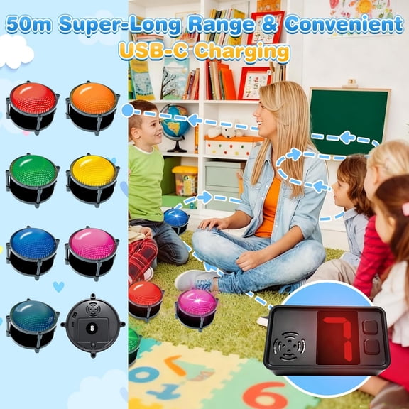 50m Answer Classroom Buzzers Light Up Game Buzzer System, Displays The Winning Player Loud, Console Displays First Buzz, Rechargeable Buzzers Great for Trivia Games, Family Feud, Jeopardy (8)$$Office