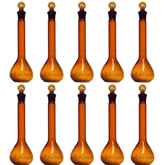 50ml Amber Volumetric Flask, With Ground Stopper, Karter Scientific 253D2 (Pack 10)