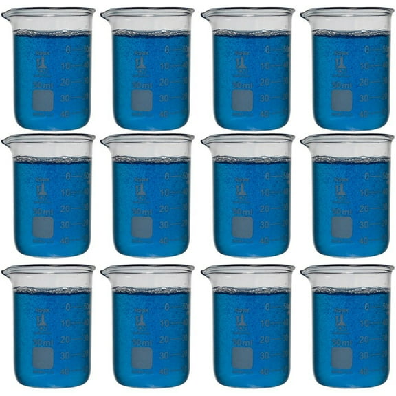 50ml Beaker, Low Form Griffin, Borosilicate 3.3 Glass, Double-Scale Graduations, Karter Scientific 247D3 (Pack 12)