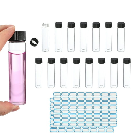 50ml Clear Glass Vials, 15 Pack Sample Vials with Screw Cap Reagent Media Bottle with Labels Leak-Proof Liquid Sample Glass Vial for Lab Laboratory