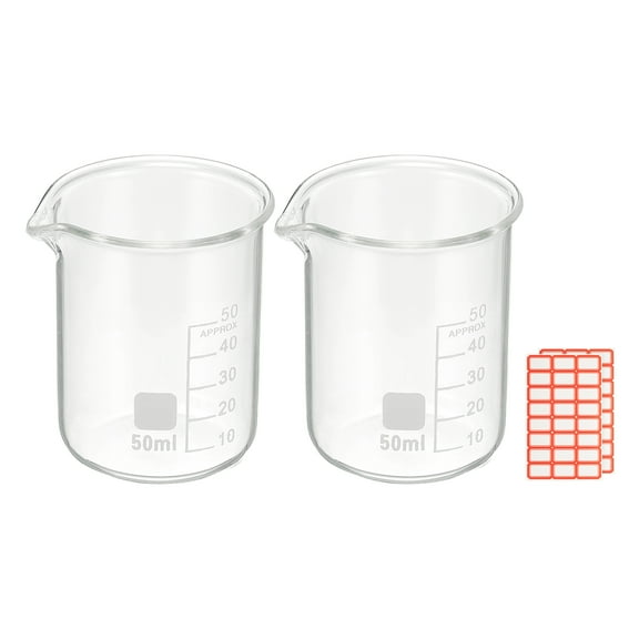 50ml Glass Beaker, 2 Pack Measuring Glass Beaker Graduated Borosilicate Lab Cups Mug Low Form Heat Safe Transparent with Spout Label for Laboratory Science Kitchen Liquids