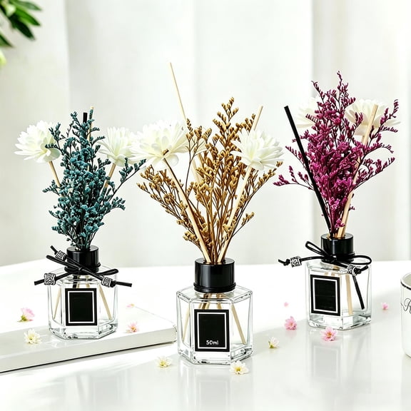 50ml Glass Flower Oil Diffuser, Long Lasting Aromatherapy Freshener with Reed Sticks Glass Bottle Floral Design for Home Bathroom Vanity Living Room Decor Gifting, D