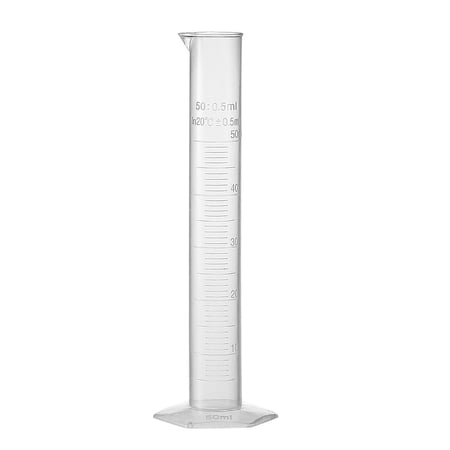 50ml Graduated Cylinder Laboratory Measurement Clear White Plastic Hex Base