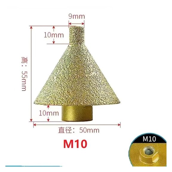 50mm Diamond Chamfering Bit, M10 Thread #50 Grit Beveling Cone Grinding Wheel for Ceramic Tile, Porcelain, Marble, Quartz and Granite, 55mm Length, Gold
