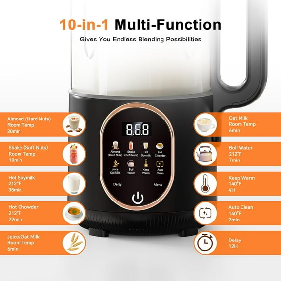 50oz Automatic Nut Milk Maker - Black - 10-in-1 Functionality for Almond, Oat, Soy, Coconut & More