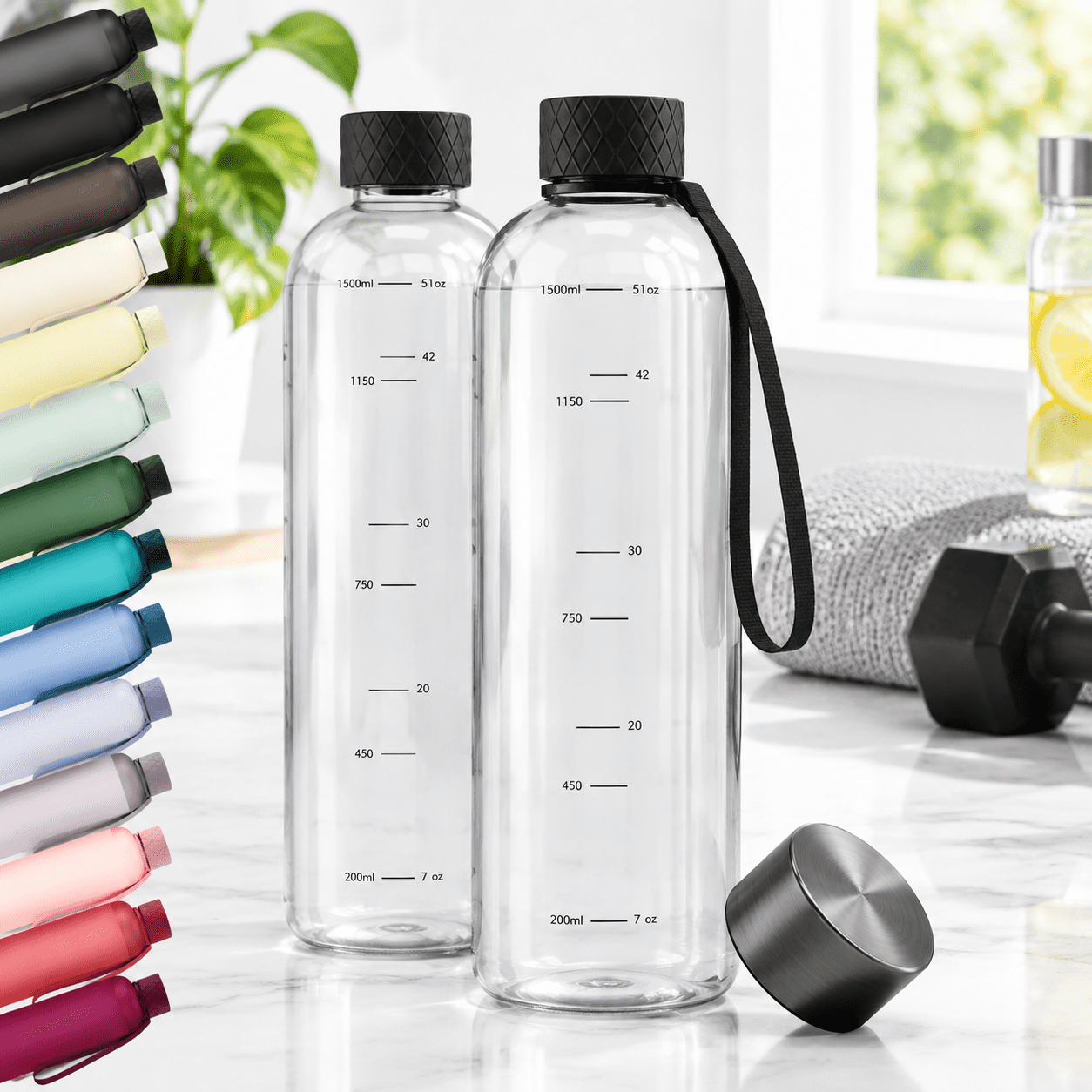 50oz Black Clear Tritan Water Bottle, Lightweight Shatterproof Reusable ...