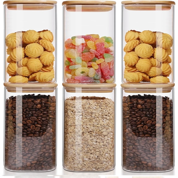 50oz Glass Food Storage Jars Set of 6,Glass Containers Clear Canister with Bamboo Lid Airtight For Serving Tea, Coffee, Flour, Sugar, Candy, Cookie, Spice and More (Square)