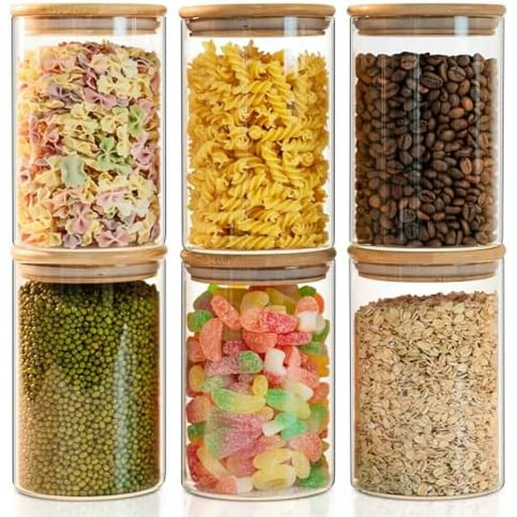 50oz Glass Food Storage Jars Set of 6,Glass Storage Containers Clear Glass Food Canister with Bamboo Lid Airtight For Serving Tea, Coffee, Flour, Sugar, Candy, Cookie, Spice and More (Round)