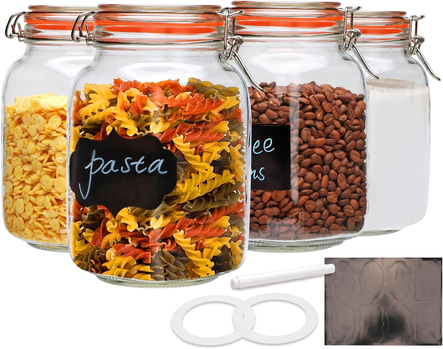 50oz Glass Jars with Clamp Lids,Set of 4,1500ml Square Wide Mouth Mason Jars with Airtight Lids