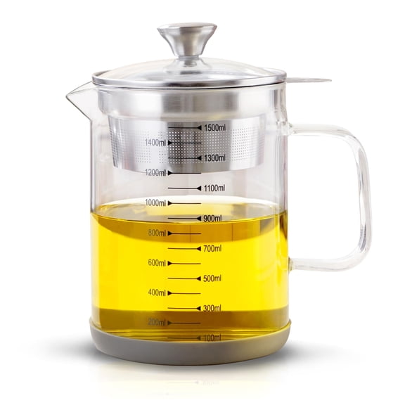 50oz Glass Oil Strainer Container with Fine Mesh Strainer for Bacon Grease, Nut Milk, Soy Milk, Tea Residues and All Purpose Straining (1.5L)