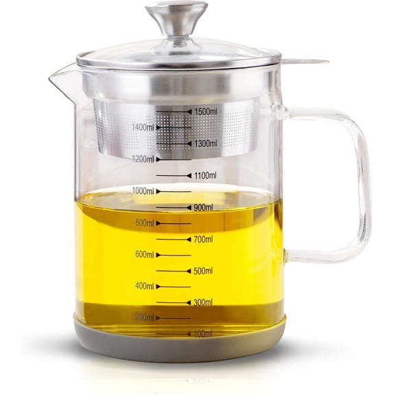 50oz Glass Oil Strainer Container with Fine Mesh Strainer for Bacon Grease, Nut Milk, Soy Milk, Tea Residues and All Purpose Straining (1.5L)