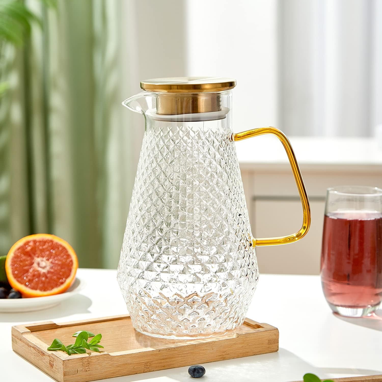 50oz Glass Pitcher with S.S. Lid, Heat Resistant Water Carafe for Iced Tea, Dishwasher Safe