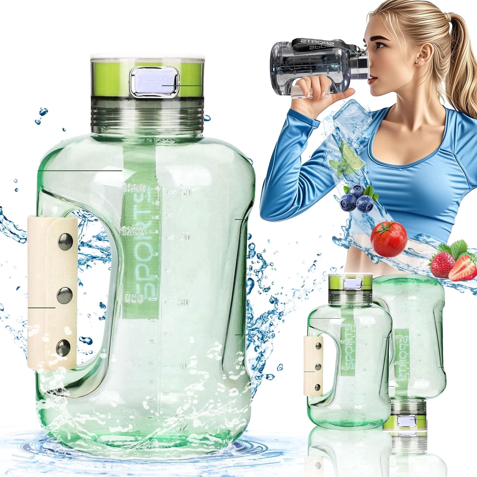 50oz Hydrogen Water Bottle, 1.5L Large Capacity Leak Proof Sports Drinking Bottle with Handle and Shoulder Strap, Portable Sports Water Bottle for Gym, Exercise and Outdoor Scenes