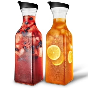50oz Plastic Juice Carafe with Black Lids (2 Pack) 50 oz Carafes for Mimosa Bar, Drink Pitcher with Lid, Milk Container, Clear Beverage Containers for Fridge, Pantry Storage, Square Pitchers