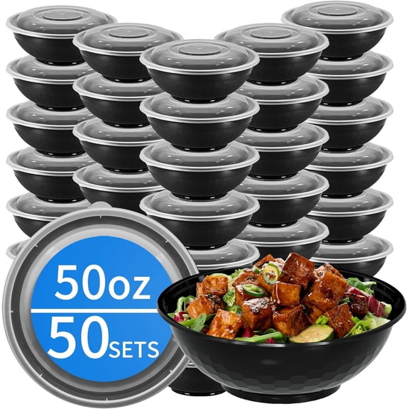 50oz Plastic Meal Prep Bowls Containers With Lid, 50 Sets(100-Piece) | Disposable, BPA Free, Microwave/Dishwasher/Freezer Safe