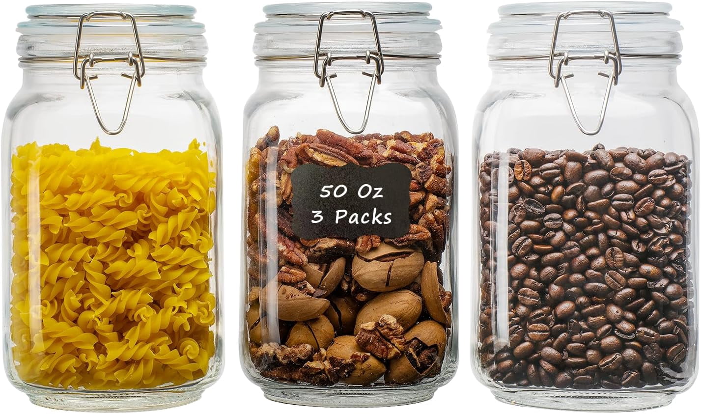 Panzexin, 50oz Square Glass Food Storage Jars, 3 Pack with Airtight ...