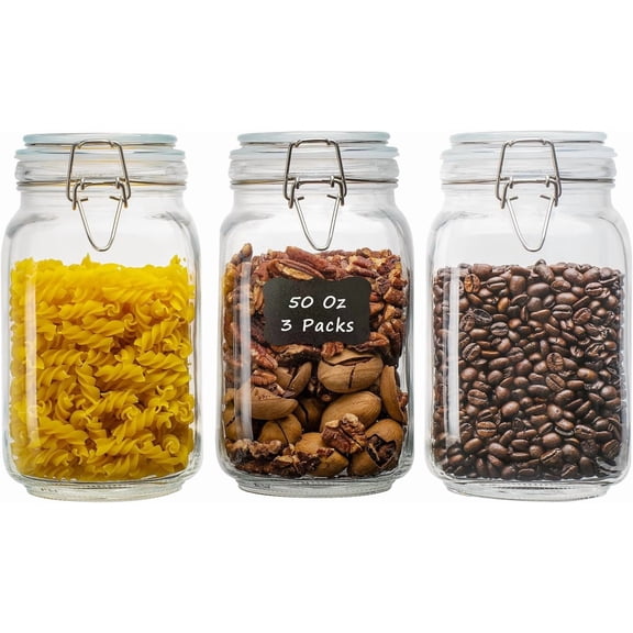 Panzexin 50oz Square Glass Food Storage Jars with Airtight Clamp Lids, 3 Pack Large Kitchen Canisters for Flour, Cereal, Coffee, Pasta and Canning, Mason Jar (Clear 50oz Square - 3 sets)