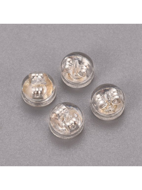 50pairs Brass & Plastic Ear Nuts Earring Backs Long-Lasting Plated Half Round Silver Color Plated 5.5x4mm Hole: 0.6mm