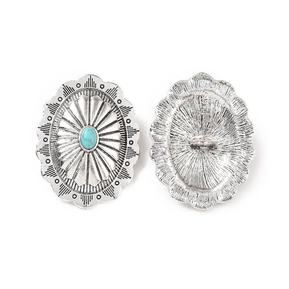 50pc 1-Hole Alloy Shank Buttons with Synthetic Turquoise Oval Antique Silver 44x34x14mm Hole: 5mm