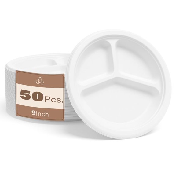 50pc 10" 3 Compartment Biodegradable Bagasse Plates Eco Friendly Compostable Plates Made From 100% Natural Sugarcane Fibre, Strong, Leak Resistant, And Perfect For Hot And Cold Foods