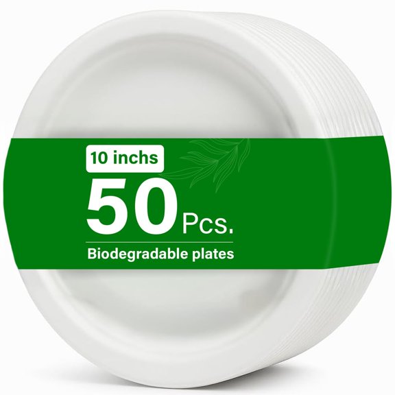 50pc 10" Biodegradable Bagasse Plates Extra Strong Eco Friendly Compostable Plates Made From 100% Natural Sugarcane Fibre, Oil And Cut Resistant, Perfect For Parties And Everyday Use