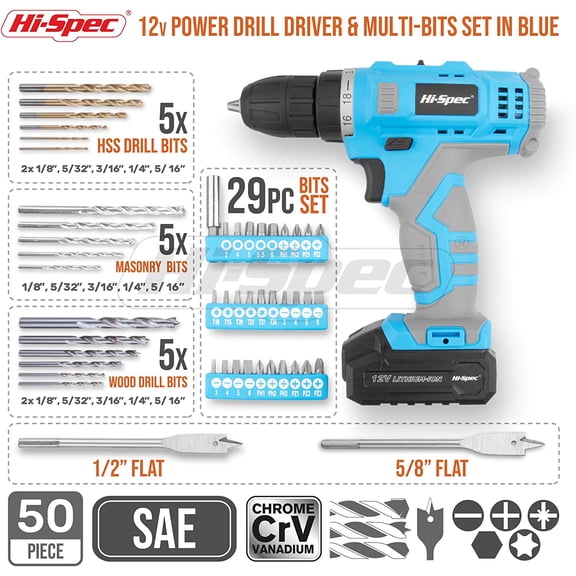 50pc 12V Cordless Power Drill Driver with Rechargeable Battery and Toolbox